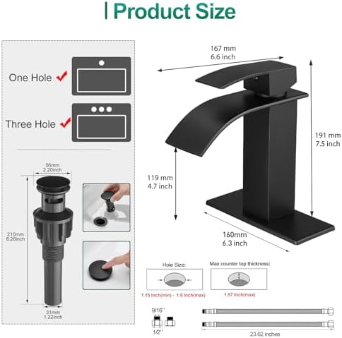 VOTON Black Bathroom Faucets Modern Waterfall Bathroom Sink Faucet Matte Black Single Handle Bathroom Faucet for 1 or 3 Holes with Deck Plate and Pop-Up Drain, Rv Sink Camper Farmhouse Bathroom Faucet