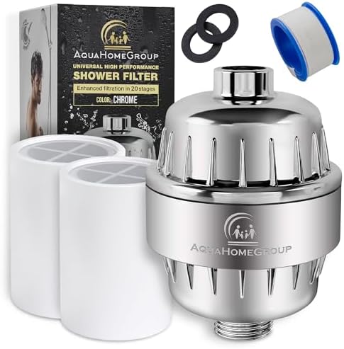 AquaHomeGroup 20 Stage Shower Head Filter with Vitamin C E A for Hard Water - High Output Filter to Remove Chlorine and Fluoride - 2 Replacement Cartridges - Consistent Flow Showerhead Filters