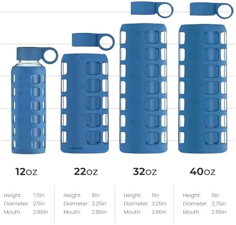 purifyou Premium 40/32 / 22/12 oz Glass Water Bottles with Times to Drink and Volume, Silicone Sleeve & Stainless Steel Lid Insert, Reusable for Fridge Water, Fruit Juice (32oz Chinese Porcelain)