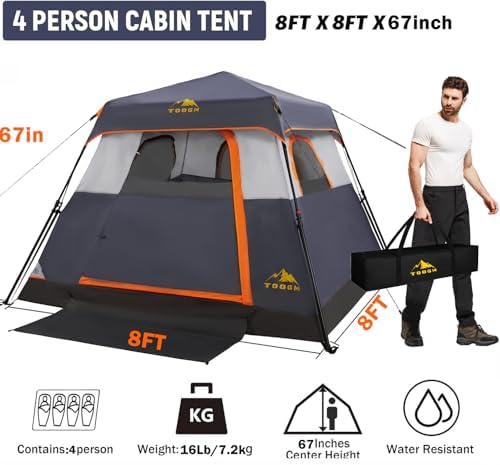 3/4 Person/6 Person Camping Tent Fast Cabin Tent with Instant Setup Tent, Weatherproof Tent Easy Quick Set Up & Pop Up in 60 Seconds with Rainfly Backpack for Family Camping,Upgraded Ventilation