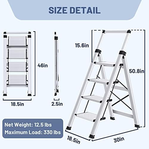 XinSunho 4 Step Ladder, Retractable Handgrip Folding Step Stool with Anti-Slip Wide Pedal, Aluminum Stool Ladders 4 Steps, 330lbs Safety Household Ladder
