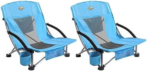 Low Back Camping Chair 2 Pack Support 300 LBS Carry Bag Included,Low Profile Folding Outdoor Chair,Camp Beach Chairs Set,with Phone Bag,Cooler Pocket,Cup Holder for Kids(2 Pcs Blue)