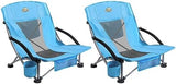 Low Back Camping Chair 2 Pack Support 300 LBS Carry Bag Included,Low Profile Folding Outdoor Chair,Camp Beach Chairs Set,with Phone Bag,Cooler Pocket,Cup Holder for Kids(2 Pcs Blue)