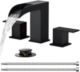 FORIOUS Square Matte Black Waterfall Bathroom Faucets 3 Hole, 8 Inch Widespread Bathroom Sink Faucet with Metal Pop-up Drain and Supply Lines, Two Handles for Vanity, Lavatory, Restroom