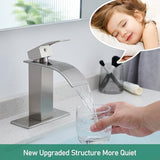 VOTON Waterfall Bathroom Faucets Brushed Nickel Modern Single Handle Sink Faucet for 1 or 3 Holes with Deck Plate and Pop-Up Drain, Rv Sink Camper Farmhouse Faucet