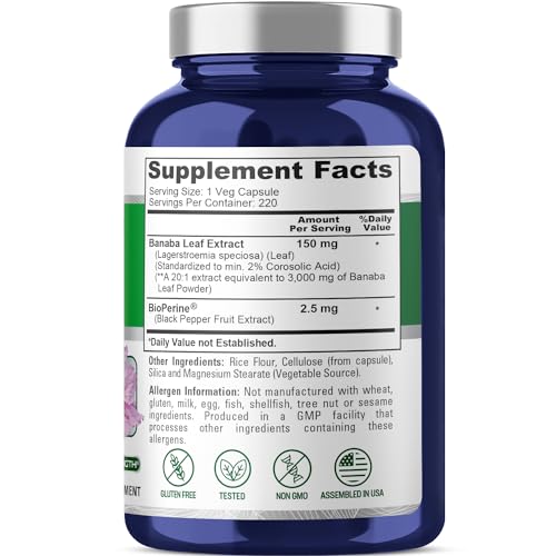 NusaPure Banaba Leaf Extract 3,000mg 220 Vegetarian Caps (Non-GMO, Gluten Free) 2% Corosolic Acid, Bioperine