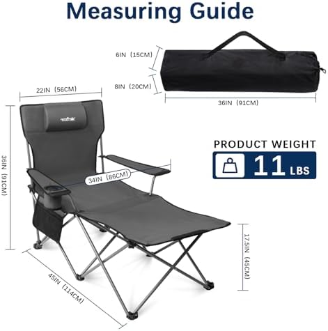 apollo walker Camping Chairs for Adults - 6 Legged Beach Chair with Foot Rest, Adjustable 90° - 135° Reclining Lounge Chair Outdoor, Folding Chairs for Outside with Detachable Pillow & Carry Bag Grey