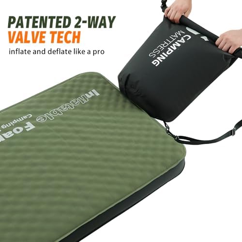 Self Inflating Sleeping Pad, 4in Ultra-Thick Foam Camping Cot Mattress with Air Pump Sack, Sleeping Mat for Adults Inflatable Camping Pad Mattress, Cot Bed, Travel, Car, Tent, Home, Army Green