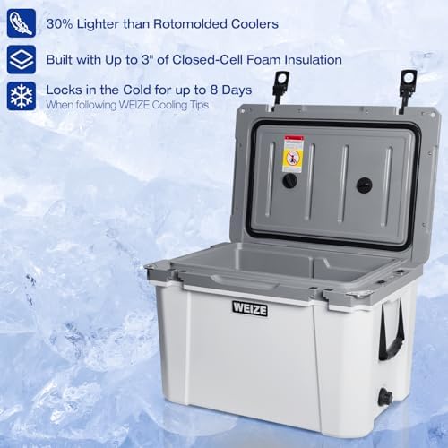 WEIZE Ultra-Light 55 Quart Hard Cooler Insulated Portable Ice Chest Box with Bottle Opener, Keeps Cold up to 8 Days for Beach, Drink, Beverage, Camping, Picnic, Fishing, Boat, Barbecue, White