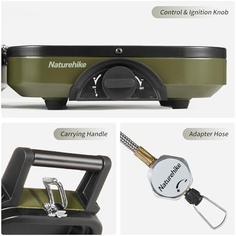 Naturehike 2 Burner Folding Camping Stove with Griddle, Portable Camp Isobutane Gas Stove with 16000 BTU Adjustable Burners & Piezo Ignition