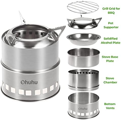 Camping Stove, Ohuhu Camp Stove Wood Burning Stove Stainless Steel Stoves Mini Portable Stove for Camping Picnic BBQ Backpacking Hiking Survival Emergency Cooking Outdoor with Grill Grid Carry Bag