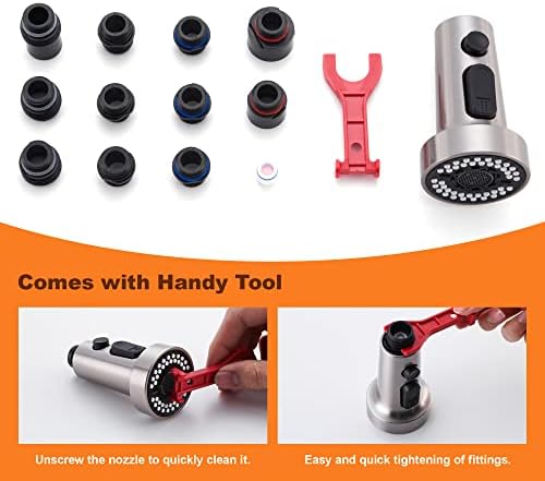 Pull Down Spray Head Replacement - for Kitchen Faucet Sprayer Head with 15 Adapters, 3 Function Pull Out Faucet Spray Nozzle, Brushed Nickel