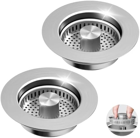 3 in 1 Kitchen Sink Drain Strainer & Sink Stopper, 304 Stainless Steel Pop Up Sink Drain Stopper with Anti-Clogging Basket for US Standard (Silver - 2 Pack)