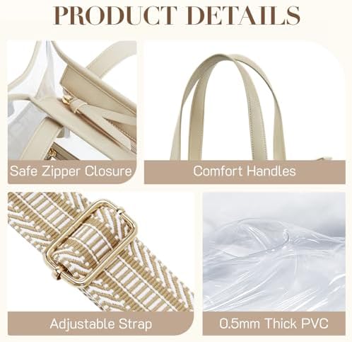 Missnine Clear Tote Bag for Women Thick PVC Clear Bag for Stadium Events with Guitar Strap Transparent for Concert Beach