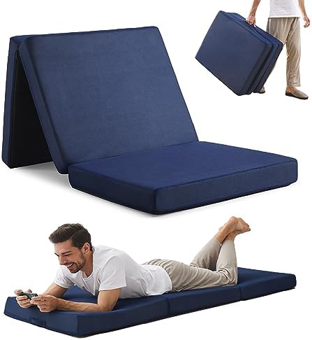 Sleeping Mats for Adults,Memory Foam Folding Pad,Cool Trifold Mattress,Machine Washable Mesh Cover,Breathable,Cot Size Floor Mattress Topper,Guest Bed,Summer Camping