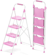 KINGRACK 4 Step Ladder, 900lbs Sturdy Step Stool with Handrail, Anti-Slip Wide Pedals, Foldable Stepladder for Home, Garage, Garden, Household, Pink, Pass 900LBS Testing