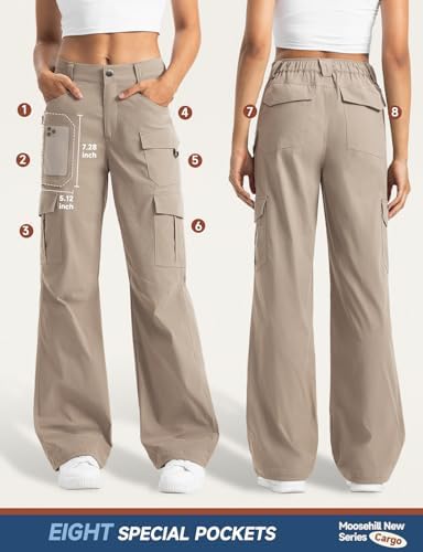 Moosehill Women's-Cargo-Hiking-Pants-High-Waisted Wide Leg Water Resistance Lightweight Stretch for Work Casual Outdoor