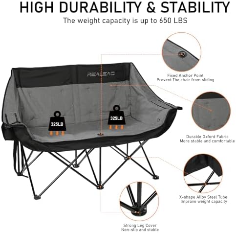 REALEAD Double Camping Chair - Oversized Camping Loveseat for Adults Two Person Support 650 lbs - Heavy Duty Folding Camp Chair with Cooler Bags for Outdoor Sports Beach