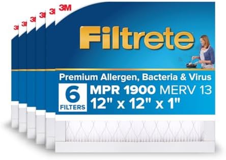 Filtrete 12x12x1 AC Furnace Air Filter, MERV 13, MPR 1900, Premium Allergen, Bacteria & Virus Filter, 3-Month Pleated 1-Inch Electrostatic Air Cleaning Filter, 6-Pack (Actual Size 11.81x11.81x0.78 in)