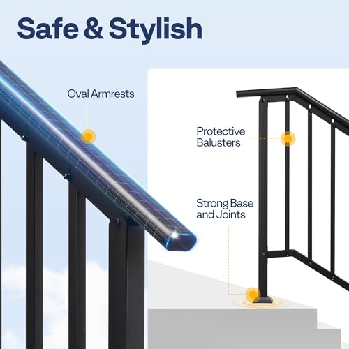 VIVOHOME 2-Pack Wrought Iron Hand Rails for Outdoor Steps – 27.1" Black Oval and Safety Balusters Exterior Railing Kit for Porch, Deck, or Indoor Stairs (3-Step, Black)