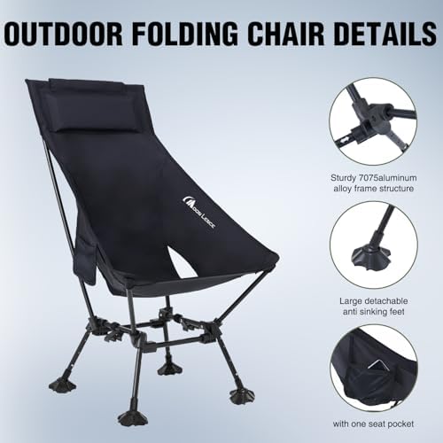 MOON LENCE High Back Folding Camping Chairs, Comfy Head Support, 5 Modes Choice, Portable Lightweight, Beach Lawn Camp Chair, with Height-Adjustable Legs & Anti-Sinking Feet