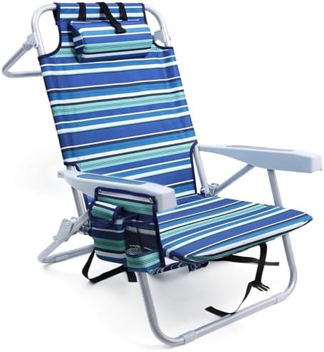 Beach Chairs for Adults Heavy Duty, Compact Portable Lay Flat Folding Chair with Backpack Straps and Large Cooler Pouch, Support to 350LBS (Stripes_Blue&Cyan)