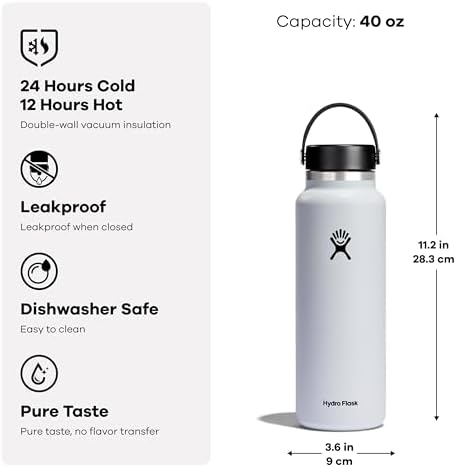 Hydro Flask Wide Mouth vacuum insulated stainless steel water bottle with leakproof closeable lid for cold water drinks, sports, travel, car and school