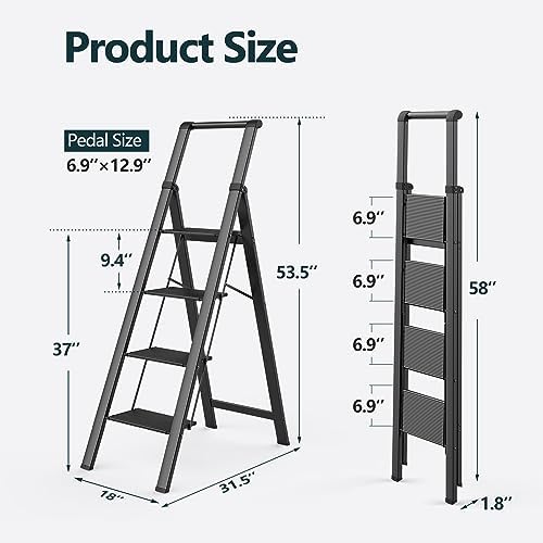 WOA WOA 4 Step Ladder, Ladders for Home, Anti-Slip Pedals, Aluminum Step Stool Foldable, Lightweight to Move, Ease of Storage, Reach 9ft for Closet Kitchen Library, Hold 300lbs - Black
