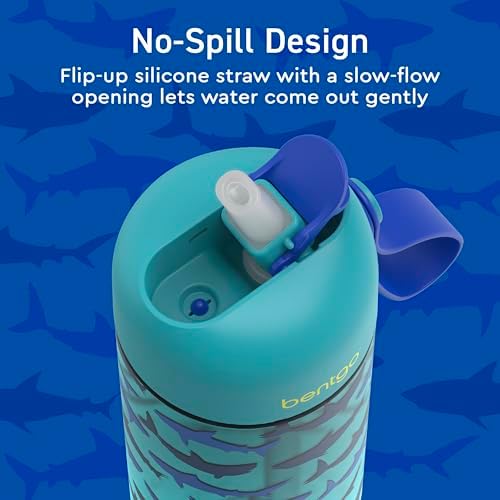 Bentgo Kids Water Bottle - Leak-Proof, Durable Tritan, BPA-Free 15 oz. Cup for Kids/Toddlers Ages 3+, Safe Sip Spout, Carrying Handle, & Dishwasher Safe for School, Sports, Daycare & Camp (Sharks)