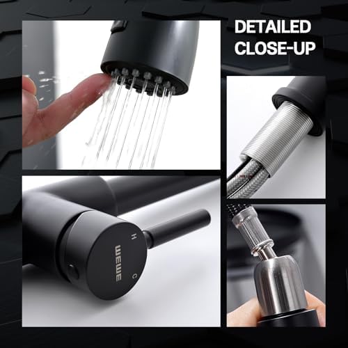 Wewe Black Kitchen Sink Faucets: Water Faucet with Pull Down Sprayer Stainless Steel Single Handle 1 Or 3 Hole for Farmhouse Commercial Camper Laundry Rv Bar