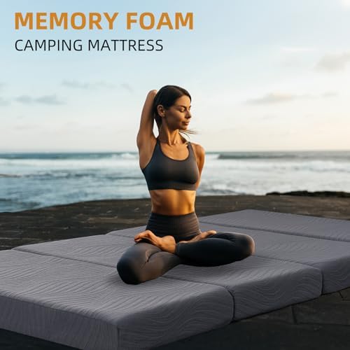 Memory Foam Camping Mattress Pad, 4 Inch Thick Waterproof Foldable Sofa Bed Floor Mattress, Portable Sleeping Pad for Adult, Sleeping Mat for Travel RV Camping Guest Yoga