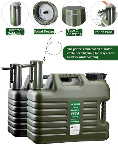 UPWOIGH Portable 5 Gallon Water Jug with Automatic Touch Control Pump,Truly No Leakage Water Container with Spigot,Type-C Rechargeable Military Green Water Pump Gear for Outdoors Camping Hiking