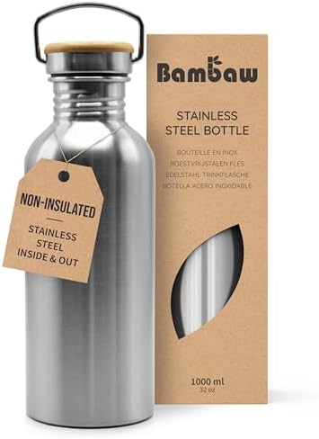 Bambaw Stainless Steel Water Bottles 32 oz, Non-insulated Single Wall Metal Water Bottle Stainless Steel, Reusable & Eco Friendly, Dishwasher Safe – Silver