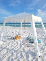 AMMSUN Beach Cabana with Fringe, 6'×6' Boho Beach Canopy with Tassels, Easy Set up & Premium Wood Pole, Cabana Tent with Sand Pockets, Instant Sun Shade for Sand, Garden, Patio, Elegant White