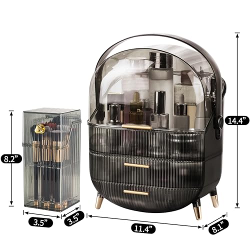 CANITORON Makeup Organizer,Large Capacity Skincare Organizer for Vanity,Cosmetic Organizer with 2 Drawers and Makeup Brush Holder for Bedroom Countertop and Bathroom Countertop Storage.(Gray)