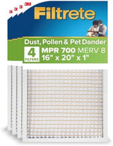 Filtrete 16x20x1 AC Furnace Air Filter, MERV 8, MPR 700, Tough on Pollen, Easy on Airflow, 3-Month Pleated 1-Inch Electrostatic Air Cleaning Filter, 4-Pack (Actual Size 15.688 x 19.688 x 0.78 in )