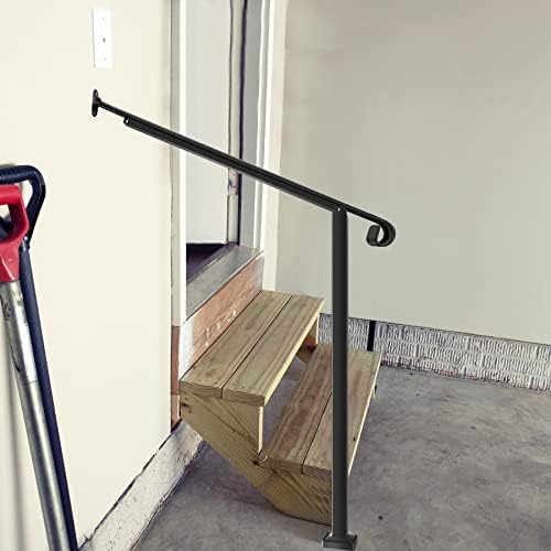 Metty Metal Handrails for Outdoor Steps Suitable for 1 to 5 Steps- Wrought Iron Stair Railing- Step Steady with 5 Feet Handrailing- Safe Indoor Home Banisters (Black-Single, 2 Step)