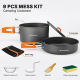Odoland 9pcs Camping Cookware Non-Stick Lightweight Pots and Pans Set with Plastic Bowls Soup Spoon for Backpacking, Outdoor Cooking and Picnic