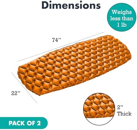 Inflatable Mat for Camping - Pack of 2 - Ultralight Sleeping Pad for Camping and Backpacking - Compact Air Mattress - Camping Mat with Tear-Resistant Ripstop Nylon - 73.5" x 21.5" - Orange