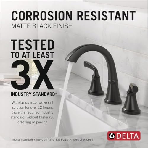 Delta Geist Matte Black Bathroom Faucet 3 Hole, 8 Inch Widespread Bathroom Sink Faucet for Vanity, Push-Pop Drain Assembly, Matte Black 35864LF-BL