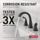 Delta Geist Matte Black Bathroom Faucet 3 Hole, 8 Inch Widespread Bathroom Sink Faucet for Vanity, Push-Pop Drain Assembly, Matte Black 35864LF-BL