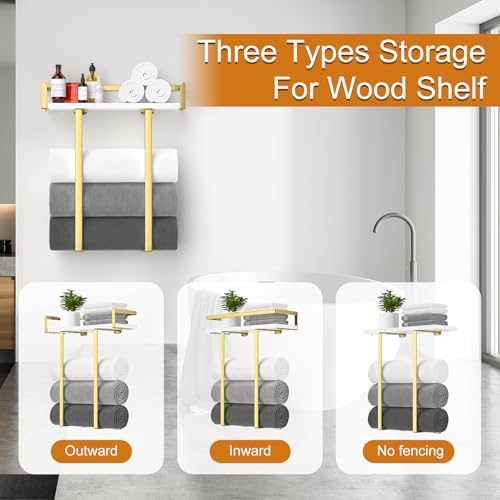 Towel Racks for Bathroom Wall Mounted, Metal Towel Holder with Wooden Shelf for Folding Large Towels, Towel Storage for Small Bathroom Organizer Decor or RV Camping,Gold