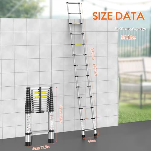Telescoping Ladder,12.5 FT Extension Ladder, Heavy Duty 330lbs Max Capacity, Multi-Purpose Collapsible Ladder for RV or Outdoor Work Black