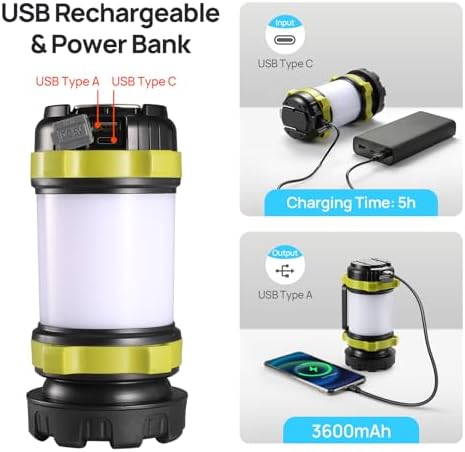 LED Camping Lantern Flashlight Rechargeable(Pack of 1), Consciot Portable Torch with 6 Light Modes, 3600mAh Power Bank, IPX4 Waterproof, USB C, Camping Lights for Hurricane, Emergency, Survival Kits