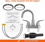 KPW Bathroom Sink Faucet 2 or 3 Hole Brushed Nickel Centerset 4 Inch Bathroom Sink Faucet 2 Handle Over ABS Non-Metallic Lavatory Bathroom Faucet with Pop up Drain Water Supply Hoses