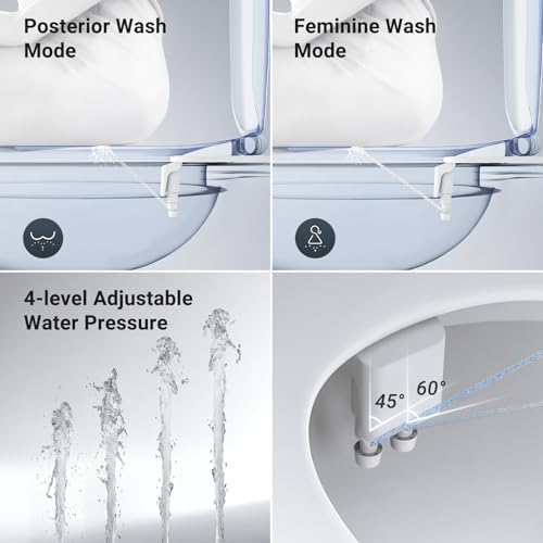 Bidet Attachment for Toilet, Dual Nozzle Bidet Toilet Seat, Non-Electric Ultra-Thin Bidets for Existing Toilets, Rear/Feminine Wash with Adjustable Water Pressure (White)