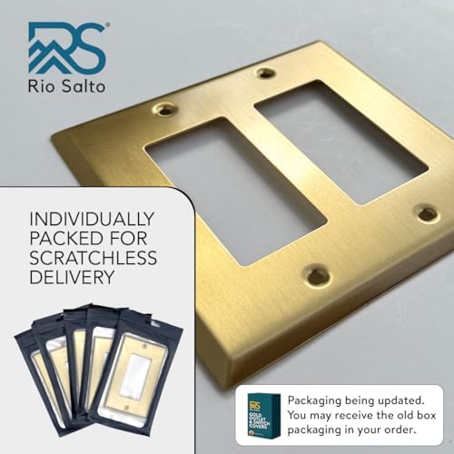 Rio Salto BRASS Metal Double Rocker Decora MIDSIZE Gold Double Light Switch Wall Plate Outlet Cover Wall Plate Receptacle Wallplate Dual Rocker Decora 2 Gang Decorator 4.92" x 4.92"