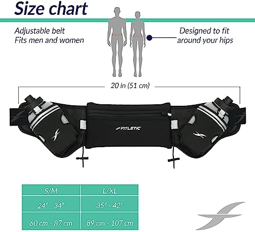 Fitletic Hydration Running Belt with Water Bottles for Men & Women – 2 Quick Flow 8oz Running Water Bottles, Patented Bounce Free Design, Water Resistant Pouch Fits All Phones – Hydra 16