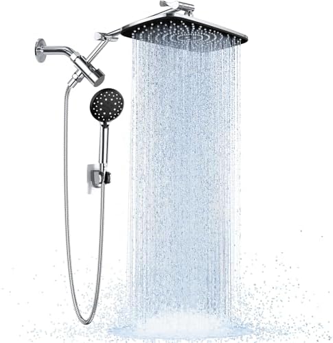 Veken Wide Rain Shower Head with 6 Modes Handheld Water Spray,High Pressure Showerhead Combo with Arm for Bathroom Accessories,Home Decor Detachable Dual Shower with Anti-Clog Nozzles,Silver Chrome