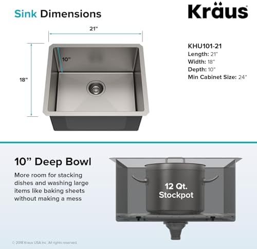 Kraus KHU101-21 Standart PRO 16 Gauge Undermount Single Bowl Set (4 Item Bundle: Sink, Bottom Grid, Drain Assembly, Kitchen Towel), 21 Inch, Stainless Steel